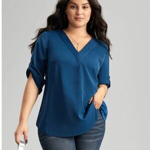 BloomChic V Neck Plain Pleated Tab Sleeve Blouse